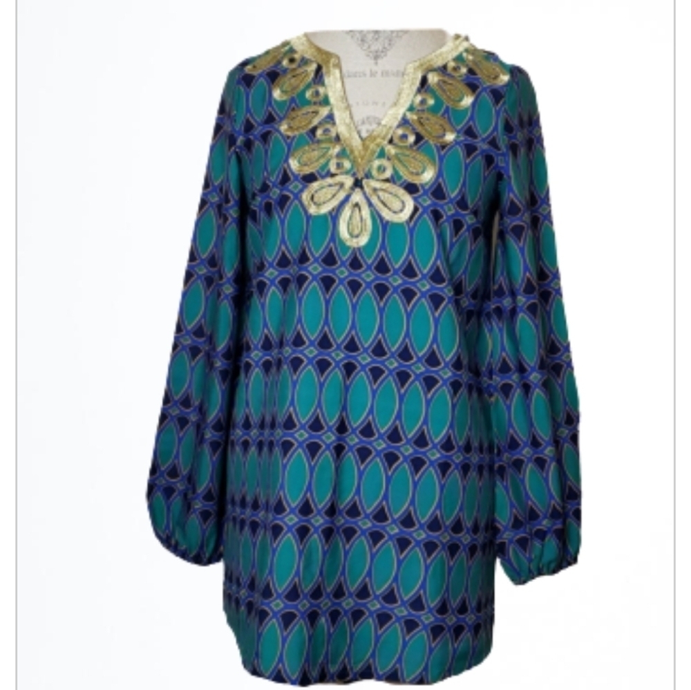 Mud Pie Tunic Top Coverup Teal With Gold Embroidered V Neck Size S 4-6